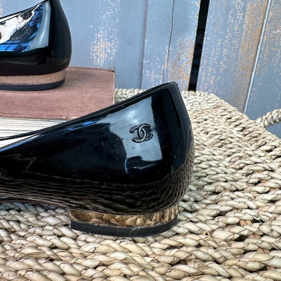 CHANEL Patent Leather Peep Toe Ballet Flats Black Sz IT 36 1/2, US 6 1/2 - Picture 10 of 16